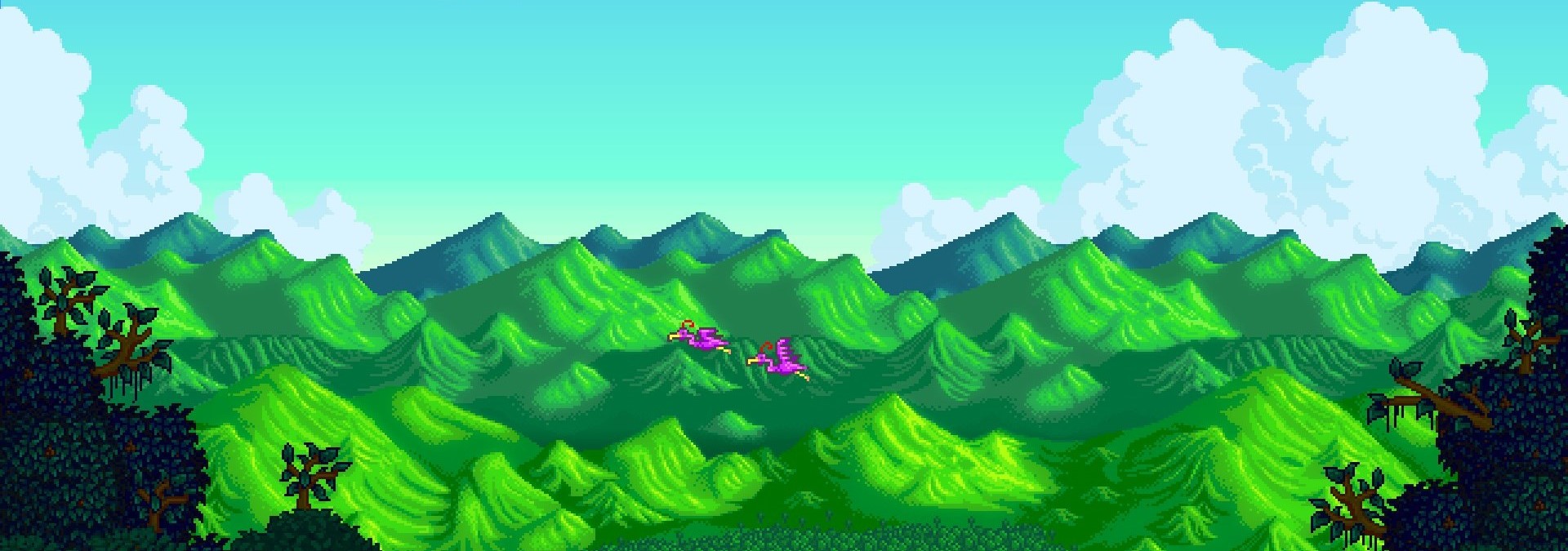 a banner image of a stardew valley background. There are green hills in the background and bushes with branches and leaves sticking out in the foregound. There are two flamingos flying over the valley