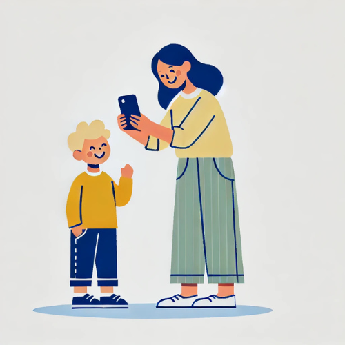 parent holds phone up as child and parent smile