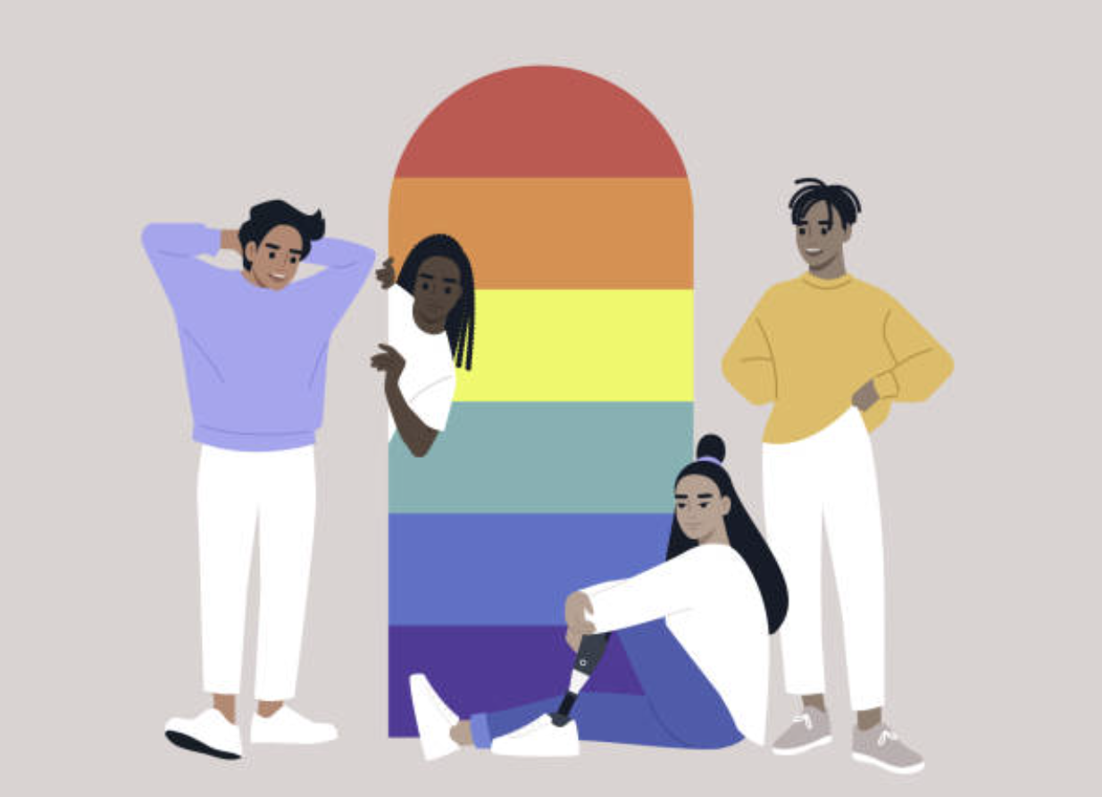 Illustration of four people standing around, sitting around, and coming out of a pride flag colored column in the center.