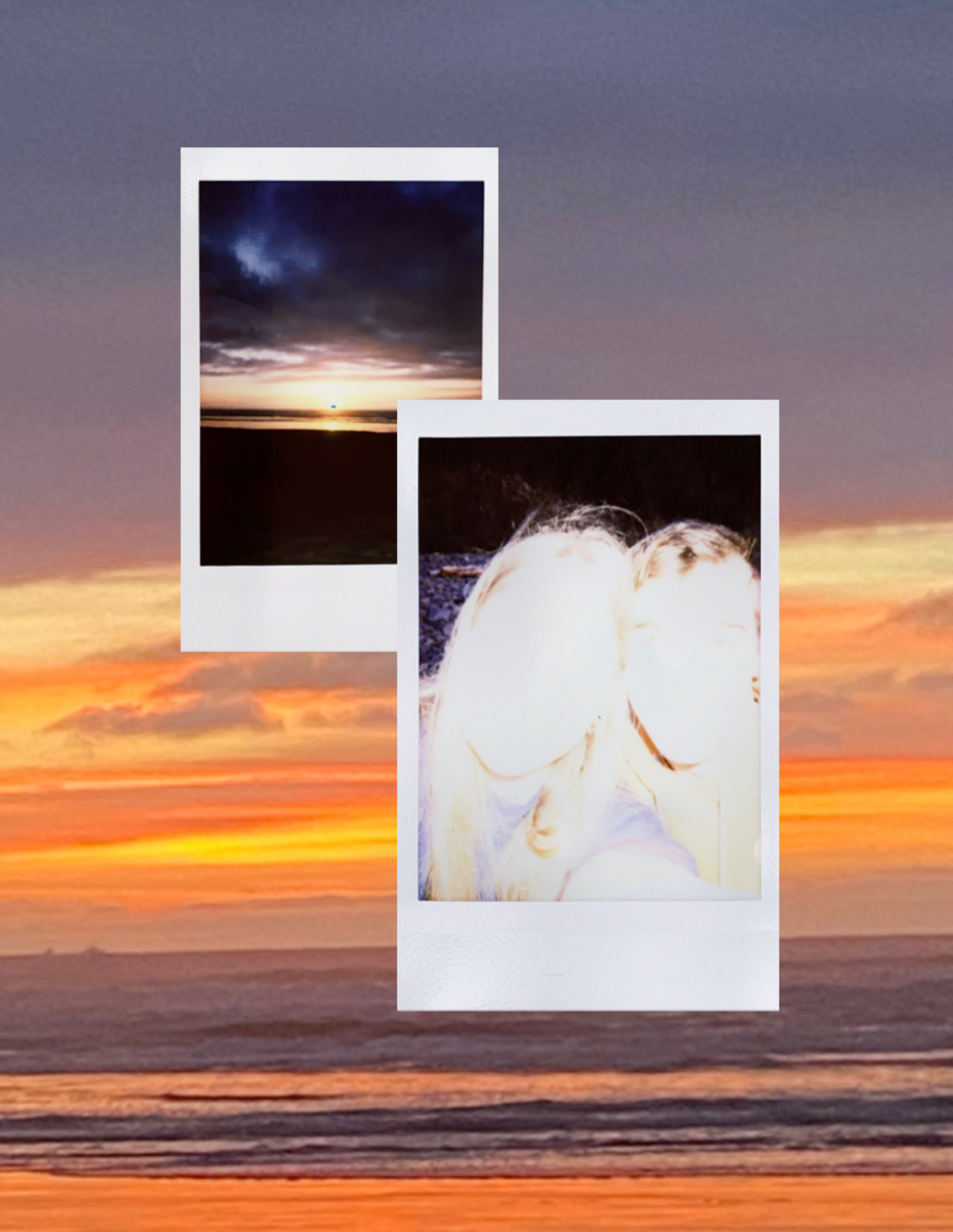 Two polaroids in front of a photo of the ocean sunset.