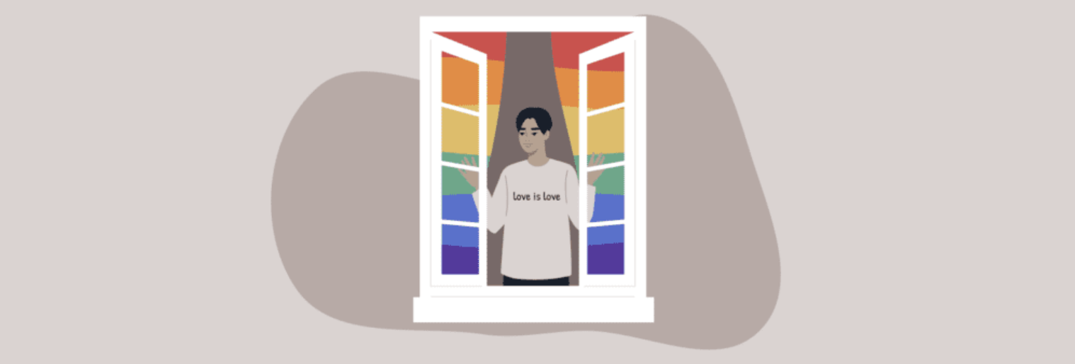 Illustration of a person opening a window with pride flag curtains.