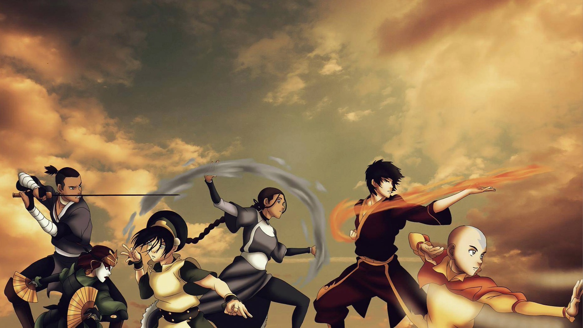 an image depicting Sokka, Suki, Toph, Katara, Zuko, and Aang from left to right; the heroes pose in various fighting stances against a backdrop of a cloudy sky