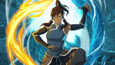 Avatar Korra looking imposing as she bends both water and fire in a cyclical motion