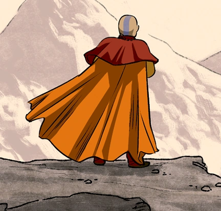 An artist's depiction of Laghima, who stands with his book to the viewer as he overlooks a valley wearing orange and red airbending clothes
