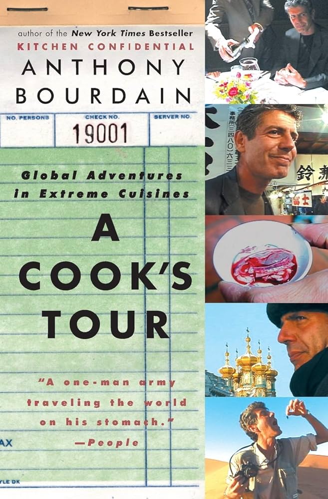 Orange book cover featuring a photo of Bourdain on a small fishing boat.