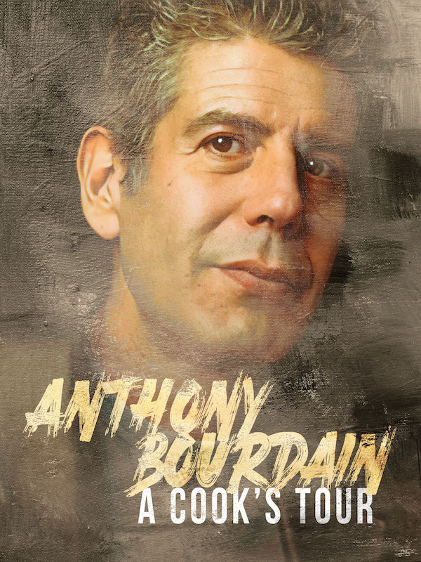 Cover art for a cook's tour. Features a younger Bourdain on a thick painted backdrop.