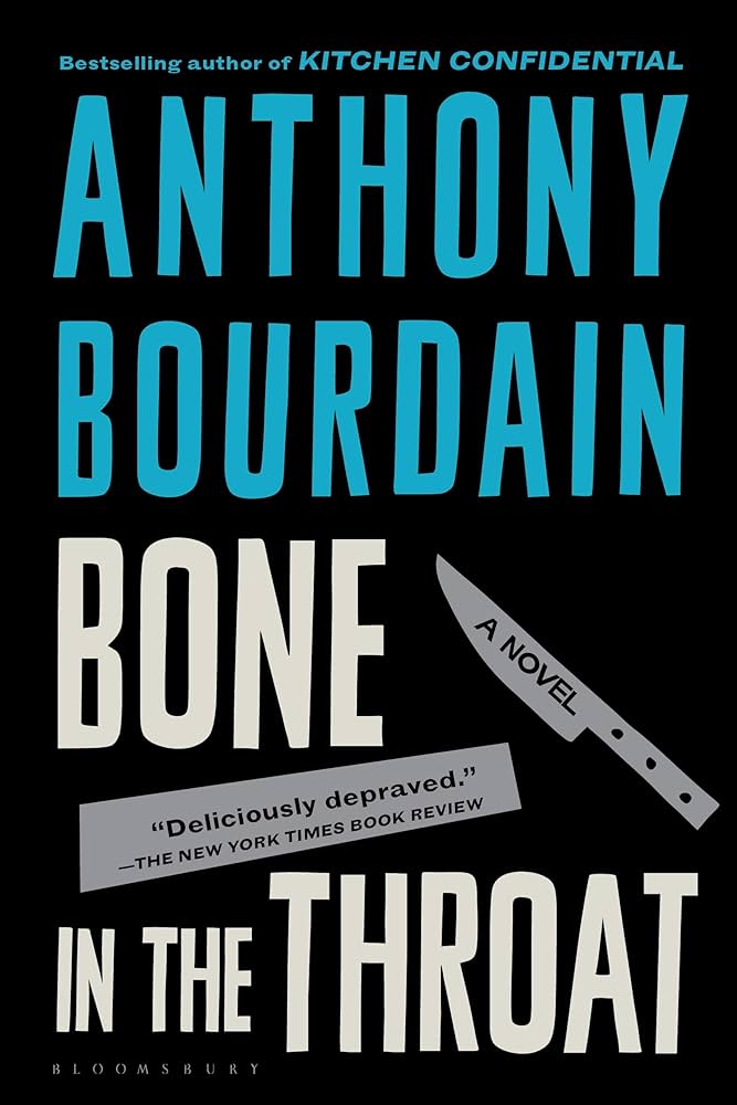 Black book cover with Bone in the Throat title and a large cartoon chef's knife.