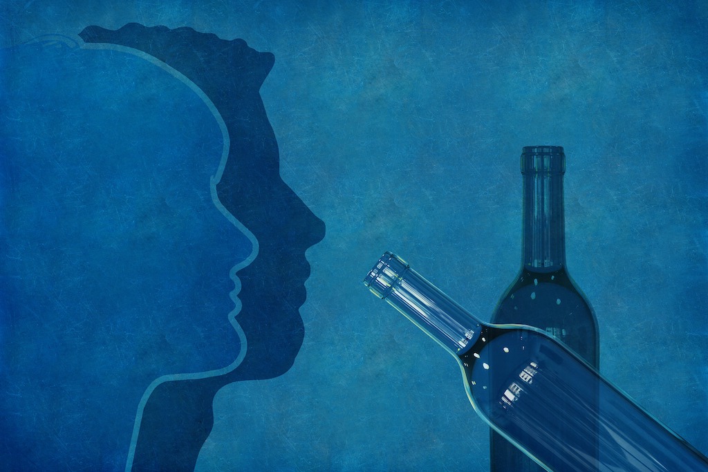 blue outlines of two human heads with two blue alcohol bottles