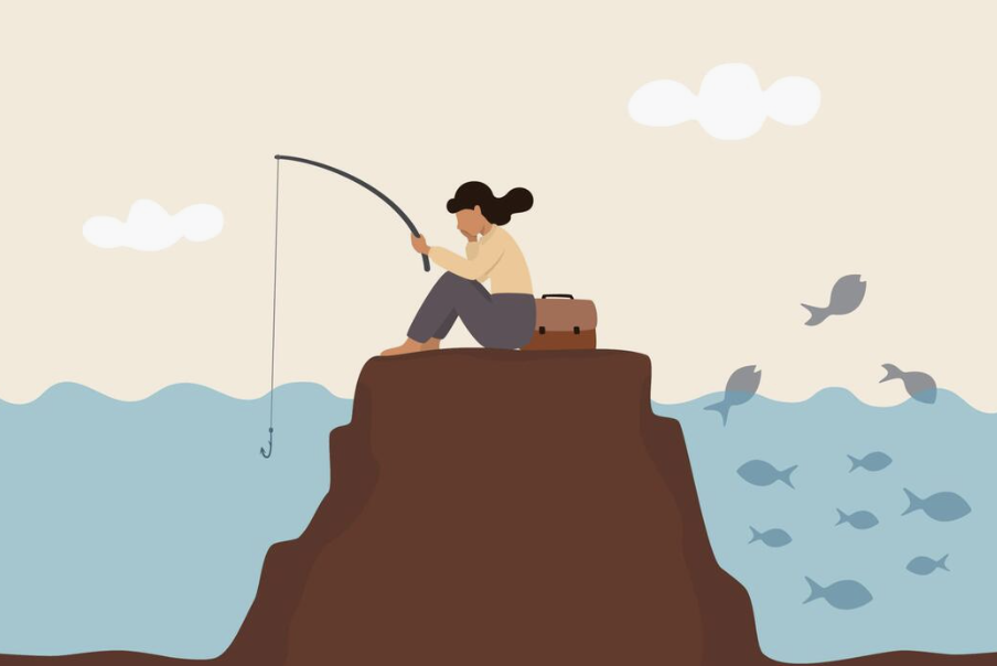 graphic of a woman sitting on a large rock fishing into one side where there is no fish while fish are in abundance on her other side 