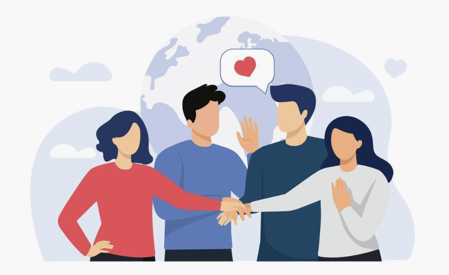 a graphic of four people—two women and two men—greeting one another and clasping hands with the backdrop of the world behind them