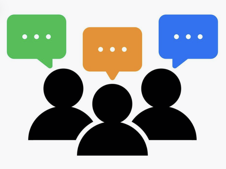 a graphic of three person icons with texts bubbles coming out of them