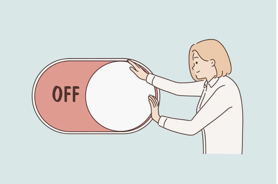 graphic of a woman with short blond hair switching a button off