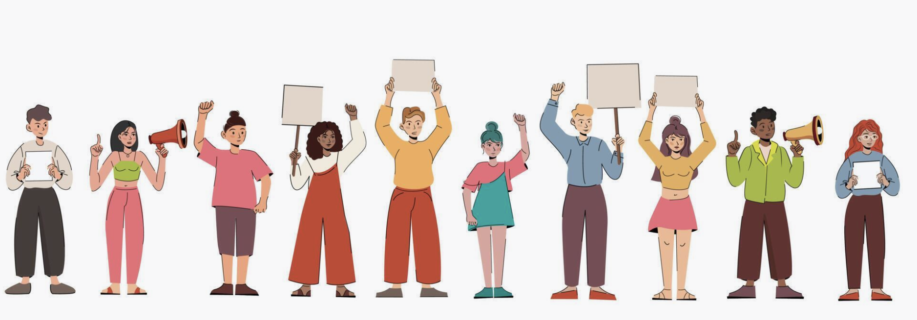a graphic of diverse people protesting with signs and megaphones