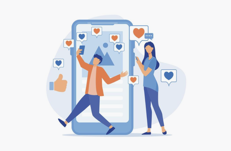 a graphic of two people in front of a large cell phone with social media hearts floating around them