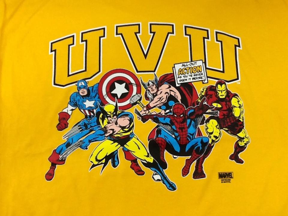 Uvu branded shirt with Marvel superheroes
