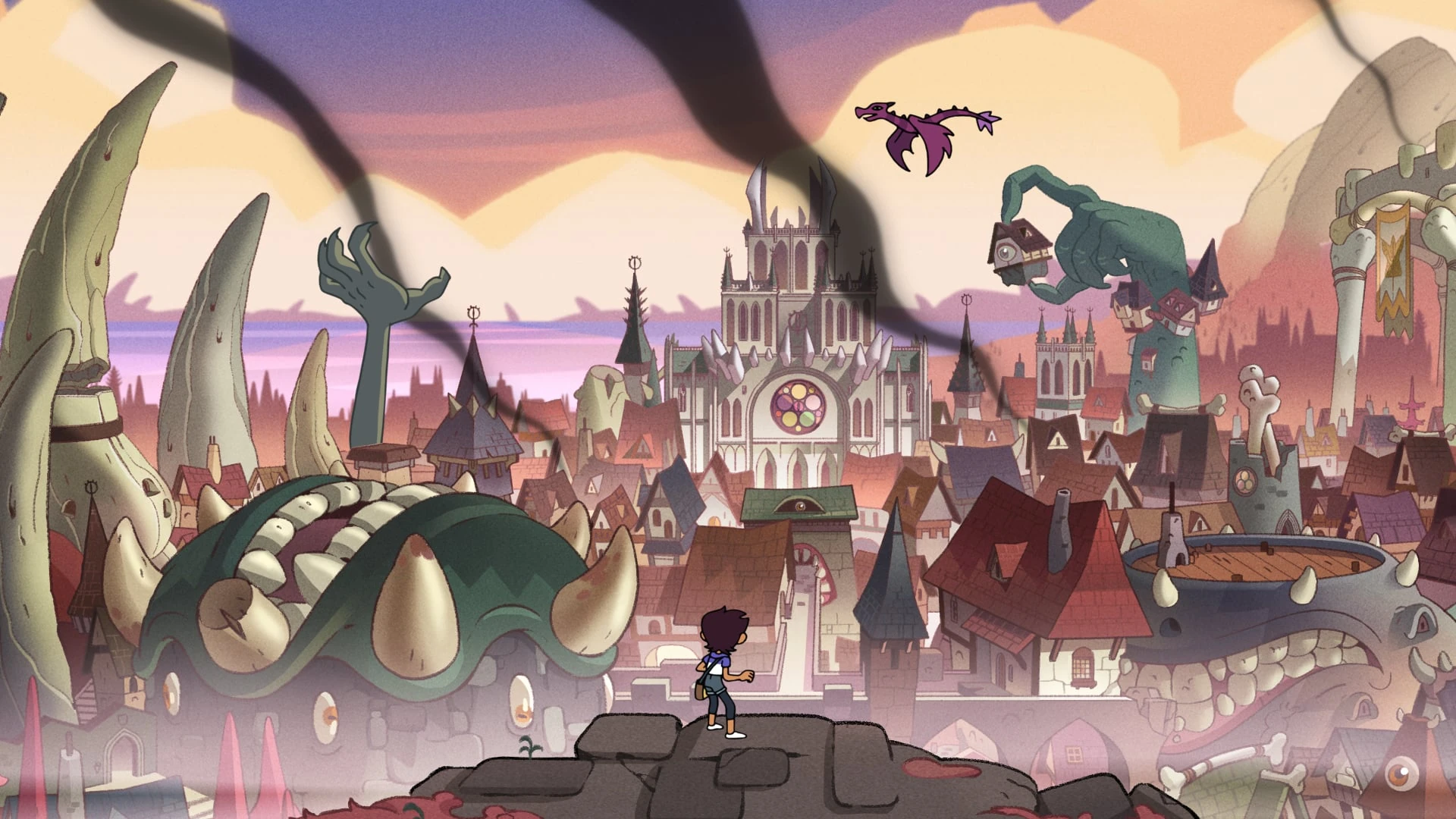 Luz in the foreground stares down at the town of Bonesborough: a somewhat terrifying looking town with some buildings having eyes, mouths, or bones. In the center of the background is the Emperor's castle.